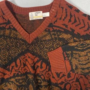 Vintage London Fog Mens L V-Neck Sweater Geometric Tribal Pattern Wool Blend USA